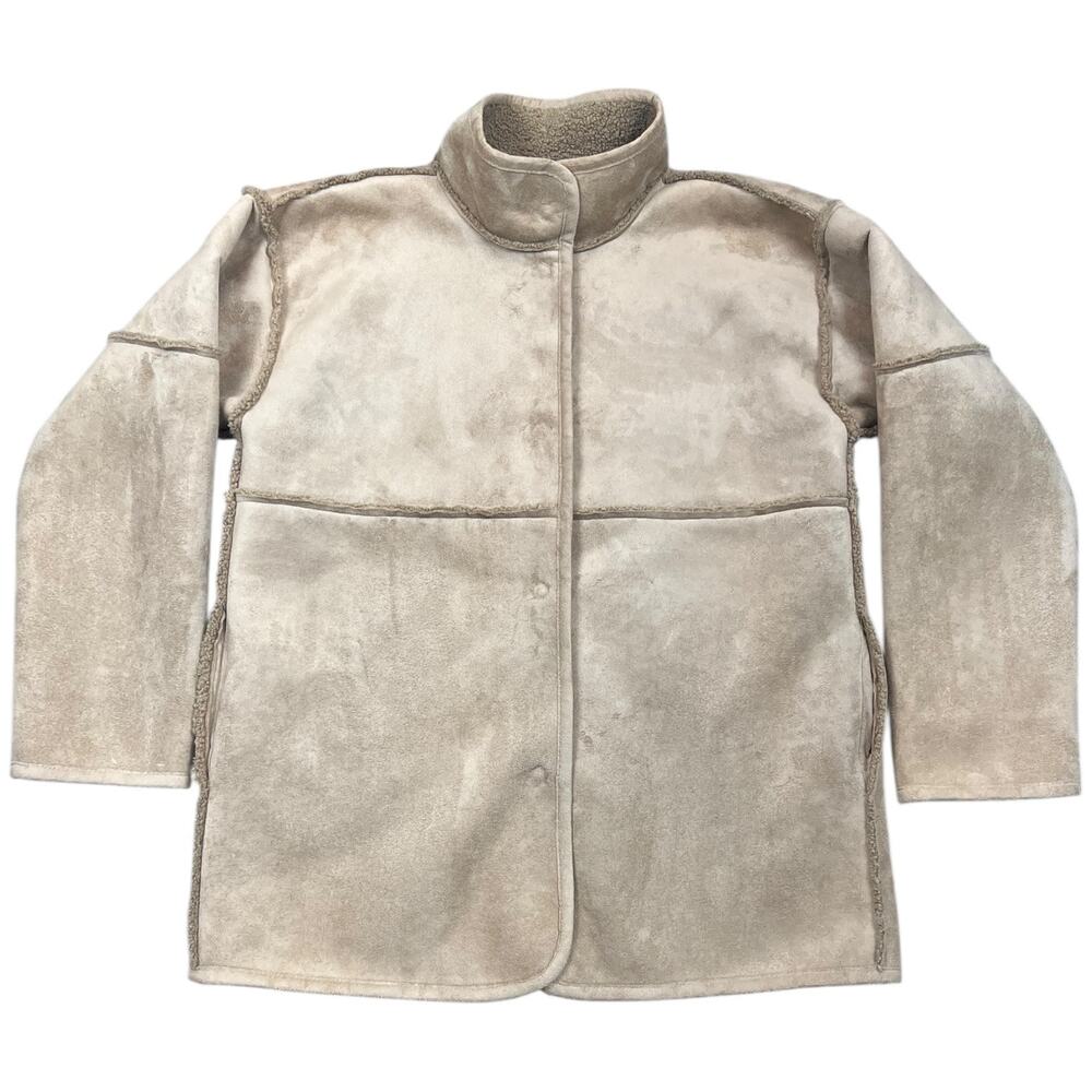 Faux Shearling Coat Beige Taupe Suede Look Sherpa Lined Jacket - Women's Large